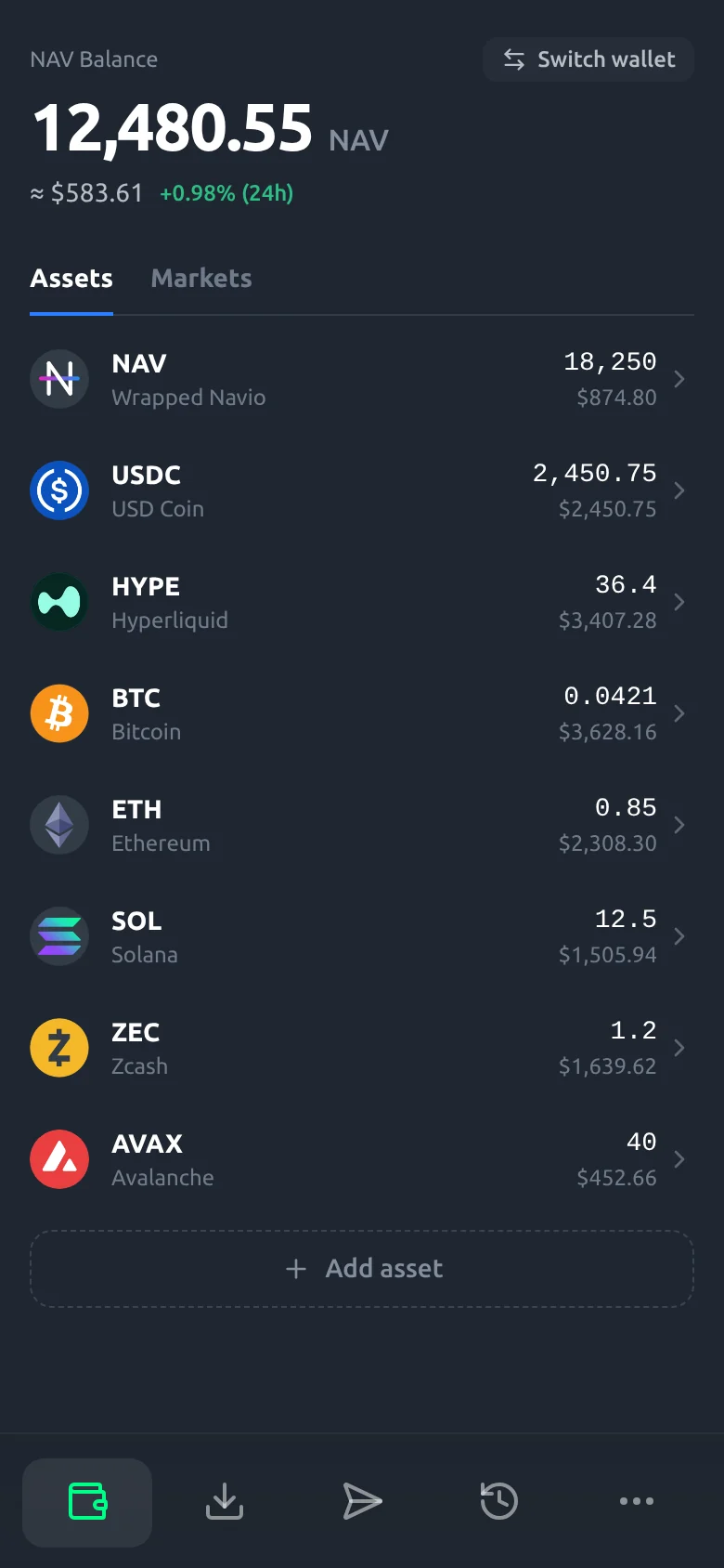 Navio Go home screen: NAV balance with its value, and a list of Hyperliquid assets
