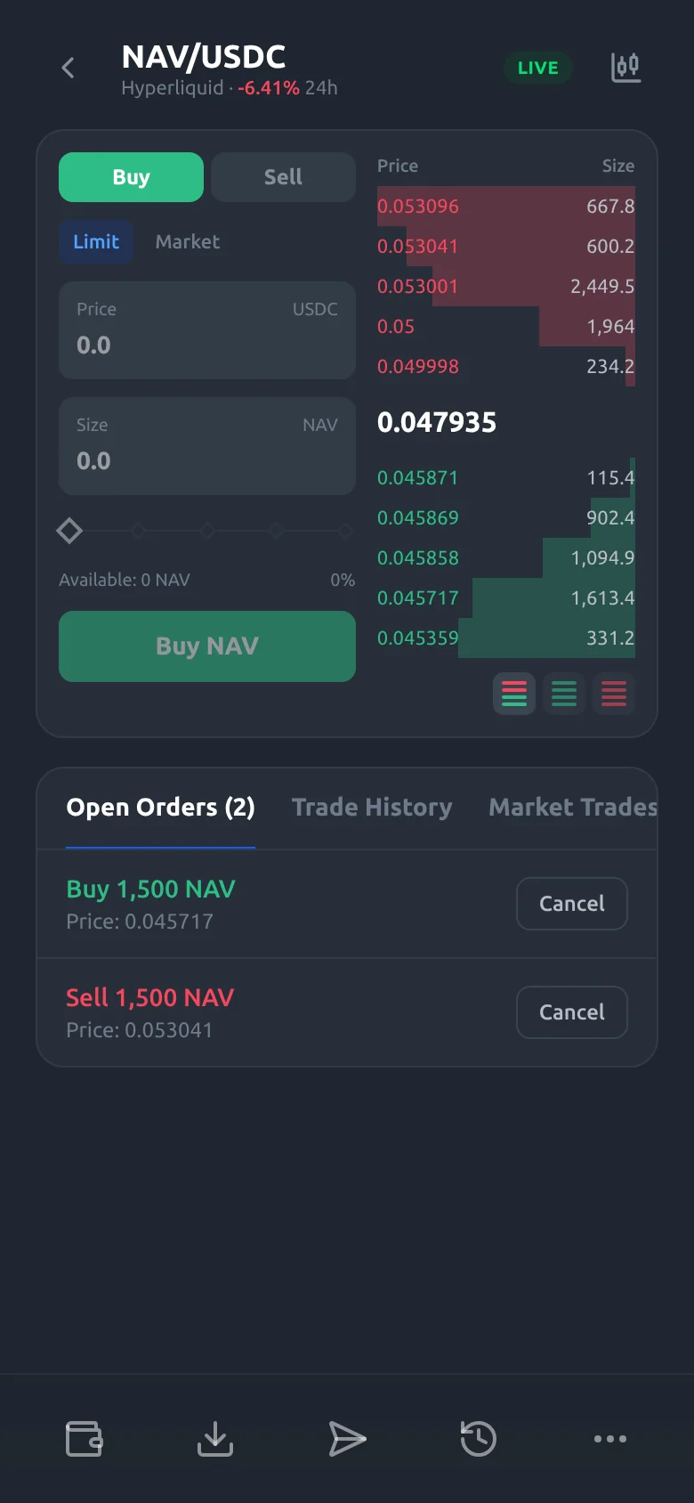 Navio Go trade screen: buy and sell form beside a live NAV/USDC order book, with open orders below